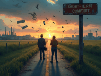 Two people looking down the road of short term comfort which leads to destruction.
