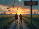 Two people looking down the road of short term comfort which leads to destruction.
