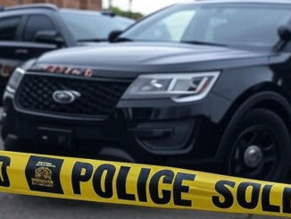 AI generated image of a police car behind yellow caution tape